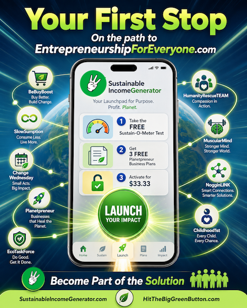 Your First Stop poster showing the Sustainable Income Generator app with the free Sustain-O-Meter test, 3 free Planetpreneur business plans and $33.33 activation